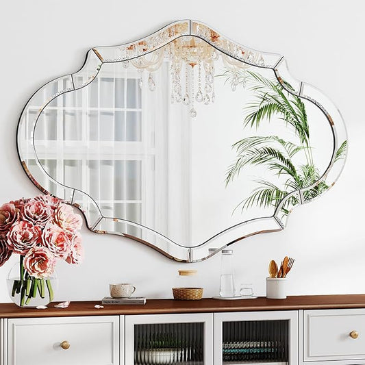 55"x35" Large Mirror for Wall with Beveled Scalloped Corner, Modern Elegant Decorative Mirror for Living Room, Large Wall Mirrors for Entryway Hallway, Hang Horizontally or Vertically
