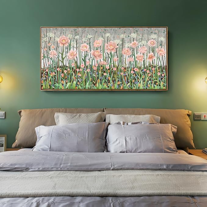 Large Framed Country Living Room Wall Art, Modern Pink And Green Wildflower Canvas Artwork, Natural And Idyllic Landscape Print Picture For Bedrooms, Dining Rooms, Offices, And Studies. 48X24 Inches.