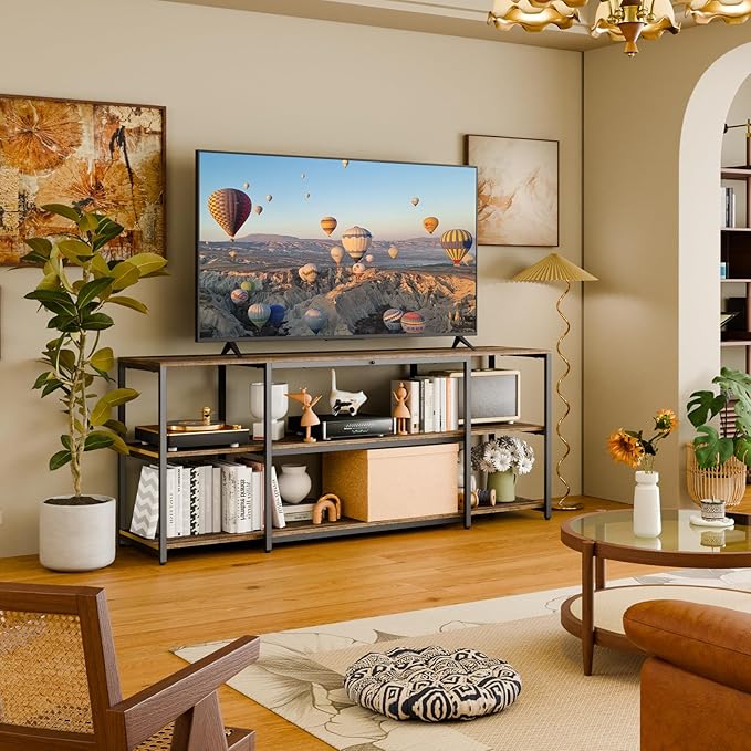 Aquzee TV Stand for 65 Inch TV, 58.3” Wide Entertainment Center with Open Storage, Wood & Metal Console Table and Media Furniture for Living Room Bedroom, Rustic Brown