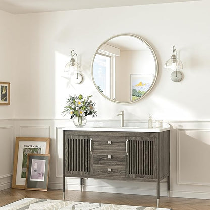 TokeShimi 24 Inch Circle Bathroom Mirror Brushed Nickel, Tempered Round Wall Mirror, Shatterproof 24x24 Hanging Wall Mirrored Farmhouse for Bedroom, Entryway, Restroom, Vanity, Living Room