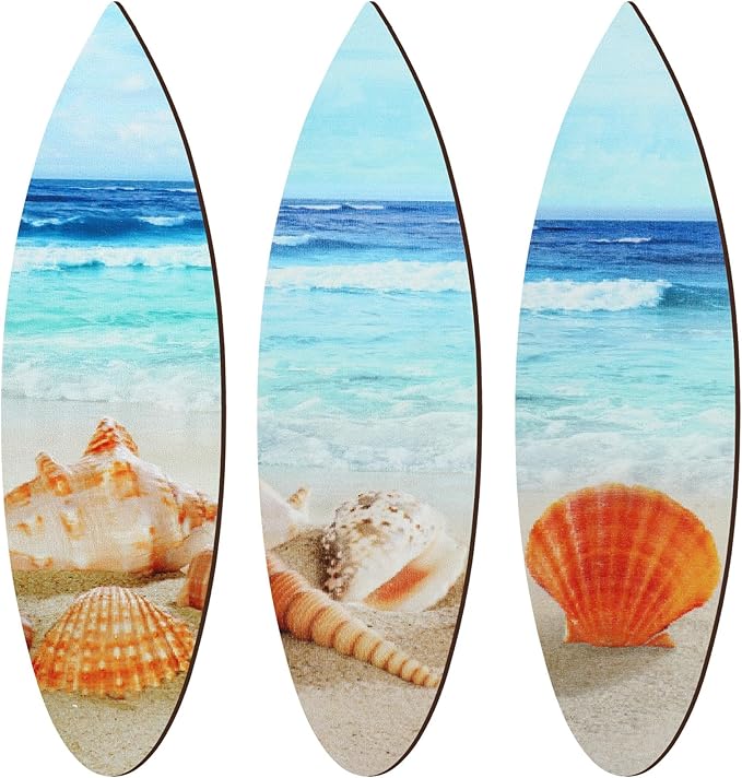 Tatuo 3 Pcs Summer Coastal Wall Decor Bathroom Beach Blue Wall Art Sea Turtle Surfboard Seahorse Starfish Seashell Conches Crabs Sea Life Decor for Bedroom Home (Surfboard)