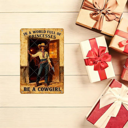 In A World Full of Princesses Be A Cowgirl Vintage Metal Sign Cowboy Sign Retro Metal Plaque for Home Bar Garage Coffee Shop Wall Decoration 12x8 Inch