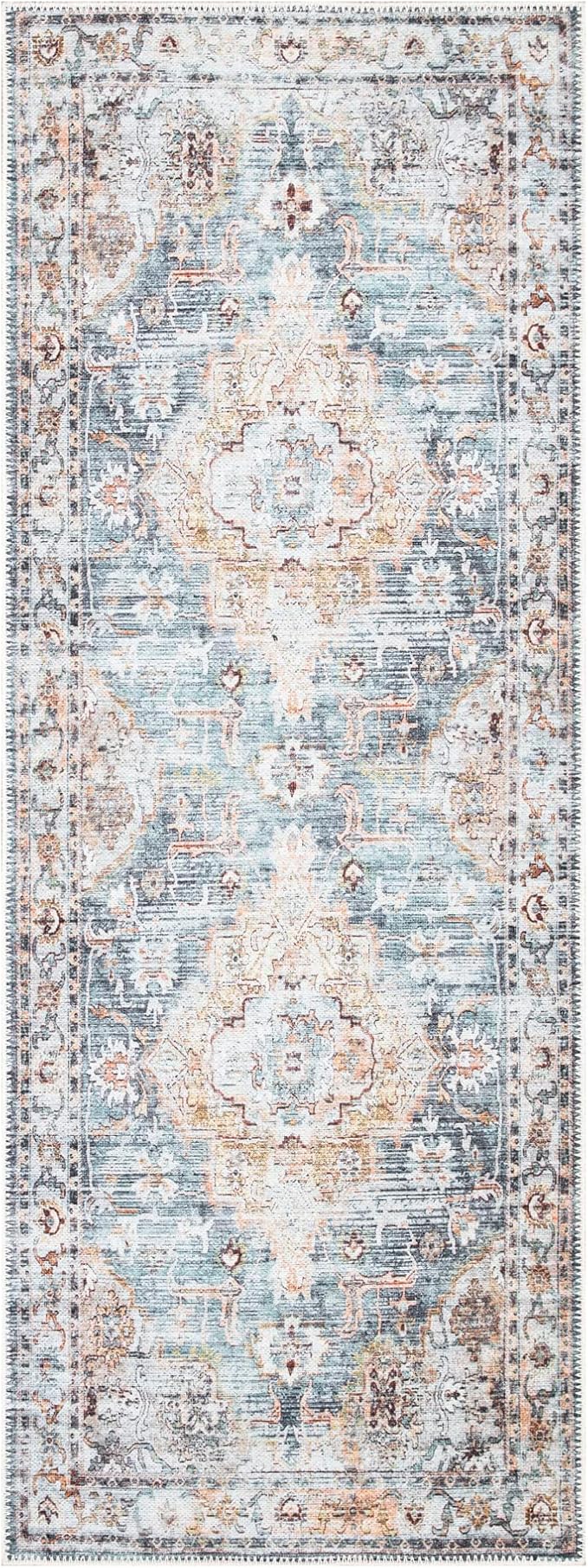 Bloom Rugs Washable Non-Slip 12 ft Runner - Teal/Peach Traditional Runner for Entryway, Hallway, Bathroom, and Kitchen - Exact Size: 2.5' x 12'