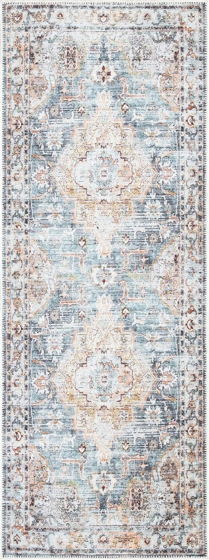 Bloom Rugs Washable Non-Slip 10 ft Runner - Teal/Peach Traditional Runner for Entryway, Hallway, Bathroom, and Kitchen - Exact Size: 2.5' x 10'