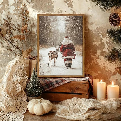 Framed Vintage Christmas Canvas Wall Art, Santa Claus Reindeer Snowy Forest Wall Decor Paintings, Rustic Winter Holiday Aesthetic Pictures Prints Xmas Home Decor for Living Room Bedroom 12×16 inch