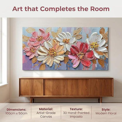 Enartly Flowers Canvas Wall Art for Living Room, Hand-painted Textured Floral Artwork, Modern Aesthetic Colorful Flowers Paintings Pictures, for Home Bedroom Garden Farmhouse Decor, 40"x20"