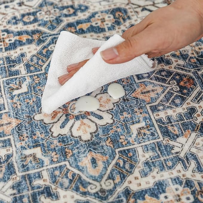 Washable Living Room Area Rug: 8x10 Bedroom Rugs - Farmhouse Distressed Printed Floral Carpet - Foldable Non-Shedding Floor Carpet for Dining Room 8'x10' Blue