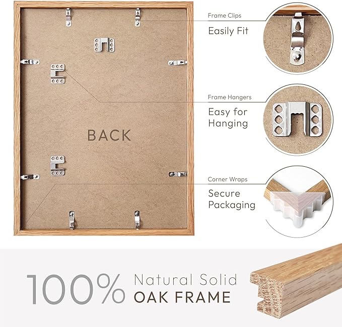 11x14 Picture Frame, 11x14 Solid Oak Frames with Mat to 8x10, 14x11 Wooden Frames for Wall, Natural Oak Wood Frame, Set of 3