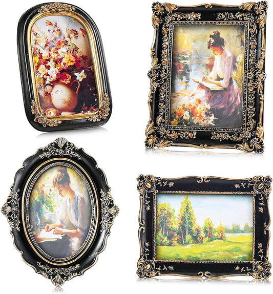 Geetery 4 Pcs Vintage Picture Frames Set, Black Ornate Baroque Frames for Gallery Wall, Antique Victorian Decorative Photo Frame for Tabletop or Wall Display, Shabby Cottagecore Home Decor
