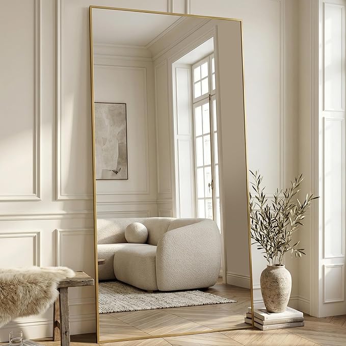 Antok 86''x46'' Full Length Mirror, Shatterproof HD Oversized Floor Mirror with Stand, Aluminum Alloy Frame Leaning Standing or Wall Mounted Mirror for Bedroom Living Room Entryway, Gold