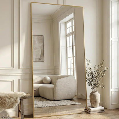 Antok 86''x46'' Full Length Mirror, Shatterproof HD Oversized Floor Mirror with Stand, Aluminum Alloy Frame Leaning Standing or Wall Mounted Mirror for Bedroom Living Room Entryway, Gold