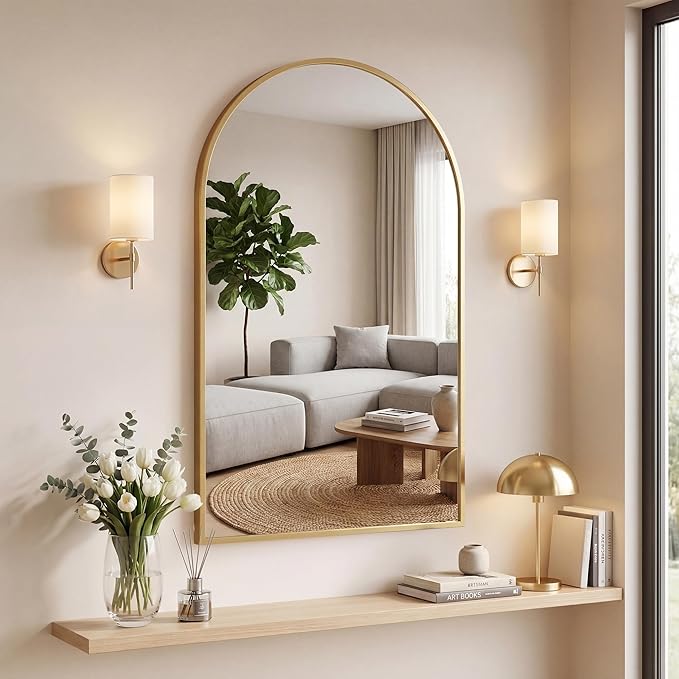 OLIXIS 26x38 Inch Arched Gold Bathroom Mirror for Over Sink, Wall Mirror, Arch Bathroom Vanity Mirror with Matte Metal Frame and Tempered Glass for Home Decor, Living Room, Shatterproof&Crystal-Clear