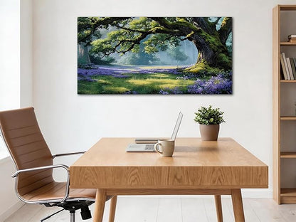 Ardemy Giant Tree Forest Canvas Wall Art 40"x20" Picture – Sunlit Landscape with Purple Wildflowers, Large Green Nature Painting for Living Room Bedroom Home Office Decor