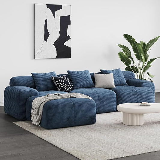 Modern L-Shaped Modular Sectional Sofa for Living Room，Oversized 3-Seater Couch with Deep Seat and Movable Ottoman – No Assembly,Comfortable Suede Fabric Boneless Sofa (Blue)