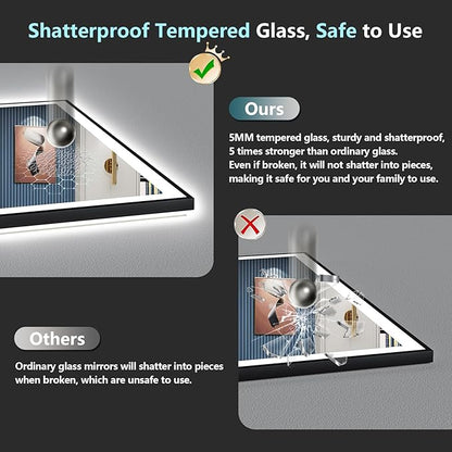 57x36 Black Framed LED Bathroom Mirror with Lights, Backlit and Front Lit Anti-Fog Lighted Vanity Mirrors for Bathroom Wall, Dimmable, 3 Colors, Memory, HD Tempered Glass, Horizontal/Vertical