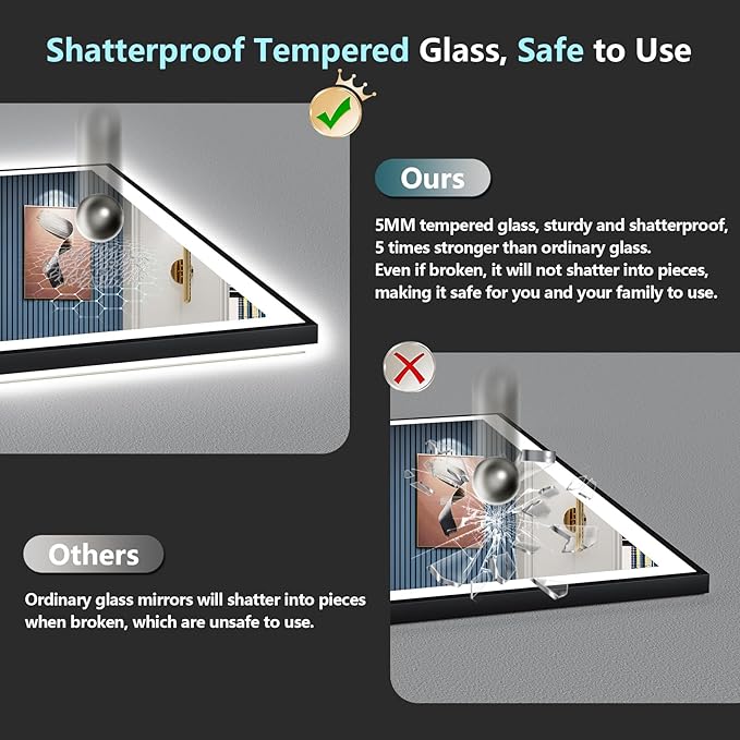 66x40 Black Framed LED Bathroom Mirror with Lights, Backlit and Front Lit Anti-Fog Lighted Vanity Mirrors for Bathroom Wall, Dimmable, 3 Colors, Memory, HD Tempered Glass, Horizontal/Vertical