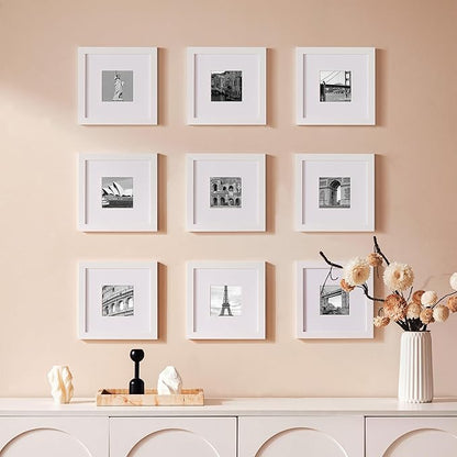 eletecpro 8x8 Picture Frames Set of 9 with Mat for 4x4 Photos or without Mat for 8x8, Square Gallery Wall Decor Collage for Picture Display, White Frame Set for Wall Hanging