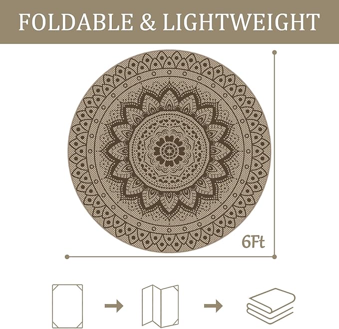 Easy Jute Outdoor Round Rug, 6ft Washable Indoor Outdoor Patio Rug, Brown Non Slip Round Area Rug Farmhouse, Boho Carpet for Backyard Patio