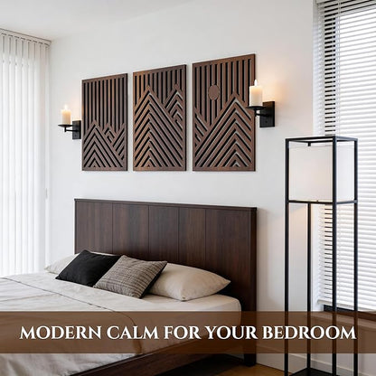 qmmp Modern Wooden Wall Sculptures - Set of 3 - Home Decor Accent - Large Wall Art for Living Room, Bedroom, Office - Easy Installation (Walnut, XXLarge - Mountain and Sun)
