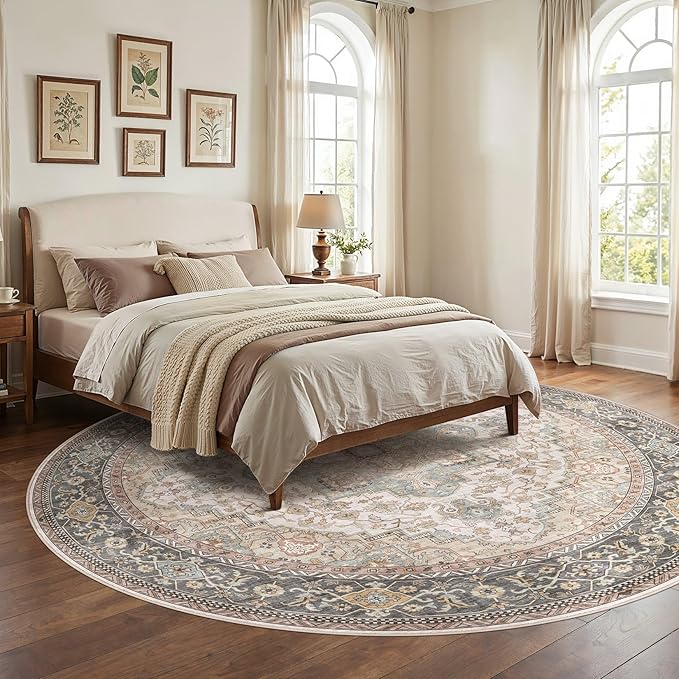 EIEIHOUSE 8ft Round Rugs for Living Room - Washable Neutral Vintage Distressed Farmhouse Large Soft Floor Area Rug Indoor Carpet for Bedroom Dining Room Office -Forest Green Orange