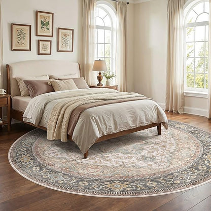 EIEIHOUSE 8ft Round Rugs for Living Room - Washable Neutral Vintage Distressed Farmhouse Large Soft Floor Area Rug Indoor Carpet for Bedroom Dining Room Office -Forest Green Orange