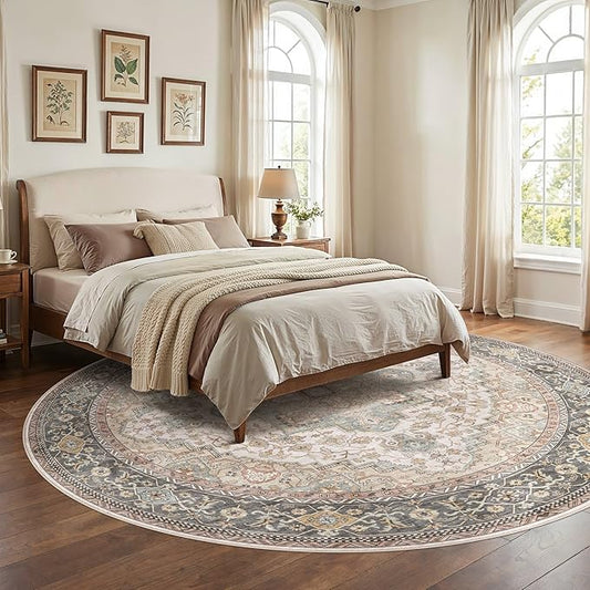 EIEIHOUSE 8ft Round Rugs for Living Room - Washable Neutral Vintage Distressed Farmhouse Large Soft Floor Area Rug Indoor Carpet for Bedroom Dining Room Office -Forest Green Orange