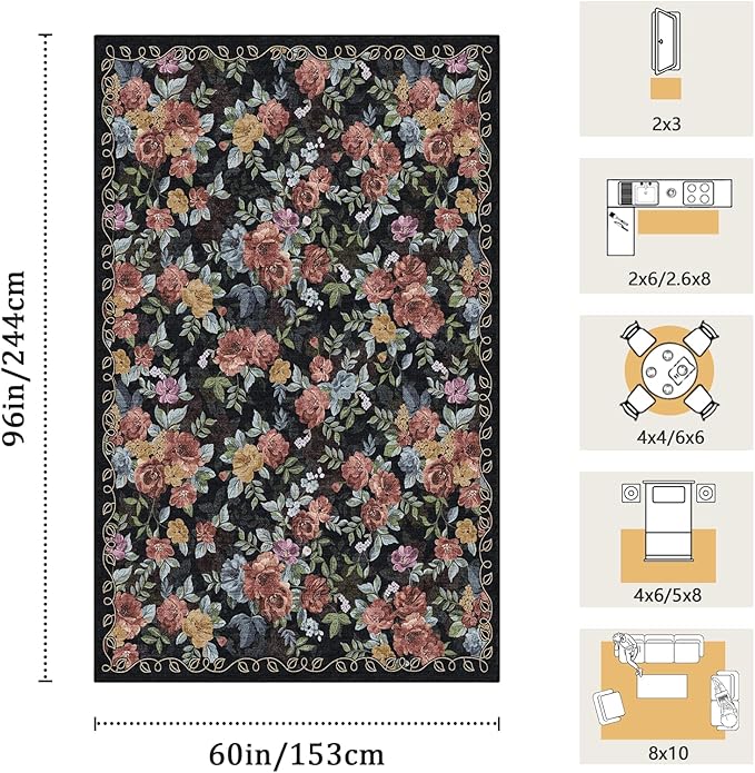 5x8 Machine Washable Area Rug for Living Room, Dark Blue Black Vintage Boho Floral Rug Large Non-Slip Low Pile Soft Faux Wool Carpet, Kids and Pets Friendly for Bedroom Dining Room Farmhouse Decor Rug