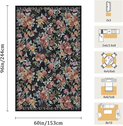 5x8 Machine Washable Area Rug for Living Room, Dark Blue Black Vintage Boho Floral Rug Large Non-Slip Low Pile Soft Faux Wool Carpet, Kids and Pets Friendly for Bedroom Dining Room Farmhouse Decor Rug
