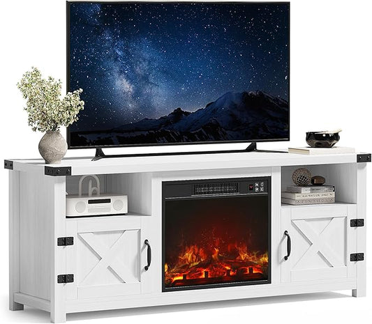 JUMMICO Fireplace TV Stand with 18” Electric Fireplace, Modern Fire Place TV Stands for Living Room, Entertainment Center with Storage Cabinet (Ivory)
