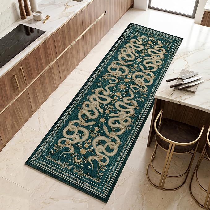 Garvee Snake Gothic Washable Kitchen Runner Rug 2x6 Dark Whimsical Unique Soft Thin Indoor Floor Mat for Bathroom Hallway Entryway Bedroom Indoor Decor Low Pile Non-Slip TPE Backing Blue Green