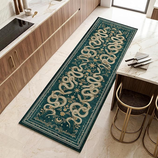 Garvee Snake Gothic Washable Kitchen Runner Rug 2x6 Dark Whimsical Unique Soft Thin Indoor Floor Mat for Bathroom Hallway Entryway Bedroom Indoor Decor Low Pile Non-Slip TPE Backing Blue Green