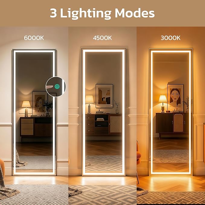 64"x21" Full Length Mirror with LED Lights, Mirrors with Dimming & 3 Color, Full Body Mirrors with Aluminum Alloy Thin Frame for Bedroom, Dressing Room