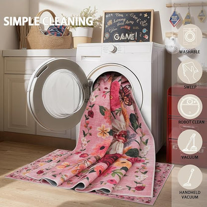 Pink Area Rugs 10x14 for Living Room, Non Slip Machine Washable Floral Rugs, Low Pile Lightweight Large Rug for Bedroom, Dining Room, Home Office