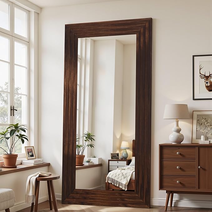 Antok Full Length Mirror with Solid Wood Frame, 81"×41" Wall Mounted Oversized Floor Mirror with Stand, Leaning Standing Hanging for Bedroom Living Room Entryway, Walnut, Rect Style