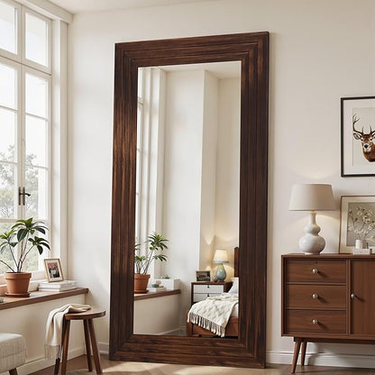 Antok Full Length Mirror with Solid Wood Frame, 81"×41" Wall Mounted Oversized Floor Mirror with Stand, Leaning Standing Hanging for Bedroom Living Room Entryway, Walnut, Rect Style