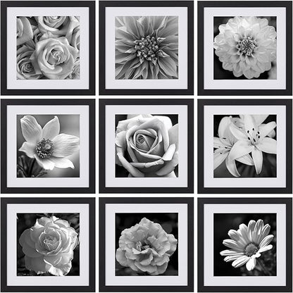 eletecpro 10x10 Picture Frames Set of 9 with Mat for 8x8 Photos or without Mat for 10x10, Square Gallery Wall Decor Collage for Picture Display, Black Frame Set for Wall Hanging