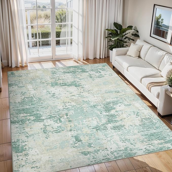 ROYHOME Modern Abstract Area Rug 9x12 Non Slip Non Shedding Rug Low Pile Stain Resistant for Bedroom Living Room,Green