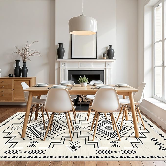 Joydeco 6x9 Moroccan Living Room Rugs, Modern Washable Area Rug for Bedroom, Western Low Pile Non Shedding Distressed Aztec Dining Room, Aztec Soft Non Slip Carpet for Office Home Decor, Ivory
