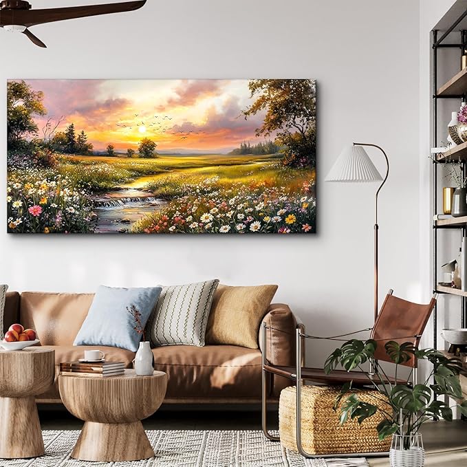 crmotu Nature Sunset Wall Art, Pastoral Extra Large Landscape Painting, River Meadow Wildflower Canvas Prints, Rustic Wall Pictures for Living Room Dining Room Farmhouse Decor Ready to Hang 29X57 In