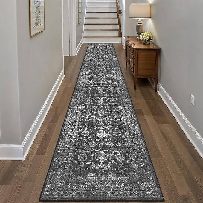 2x12 Black Runner Rug Hallway Washable Area Rugs Kitchen Vintage Boho Non Slip Long Rug Floral Carpet Indoor Retro Soft Low Pile Throw Rug for Bedroom Bathroom Laundry Dining Living Room Office