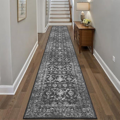 2x12 Black Runner Rug Hallway Washable Area Rugs Kitchen Vintage Boho Non Slip Long Rug Floral Carpet Indoor Retro Soft Low Pile Throw Rug for Bedroom Bathroom Laundry Dining Living Room Office