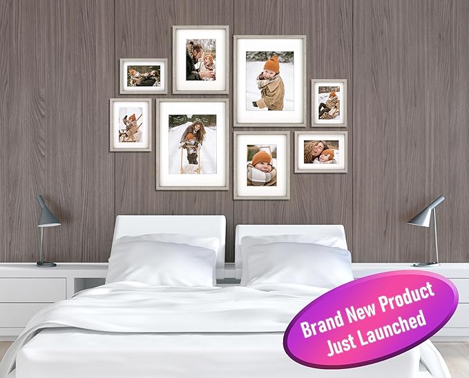 8 Piece Shadow Box Style Gallery Wall Frame Set – Deep Photo Frame Set with Mat for 8x10, 5x7 and 4x6 - Multiple Sizes Picture Frame Set for Wall Collage – Assorted Picture Frames for Wall (Gray)