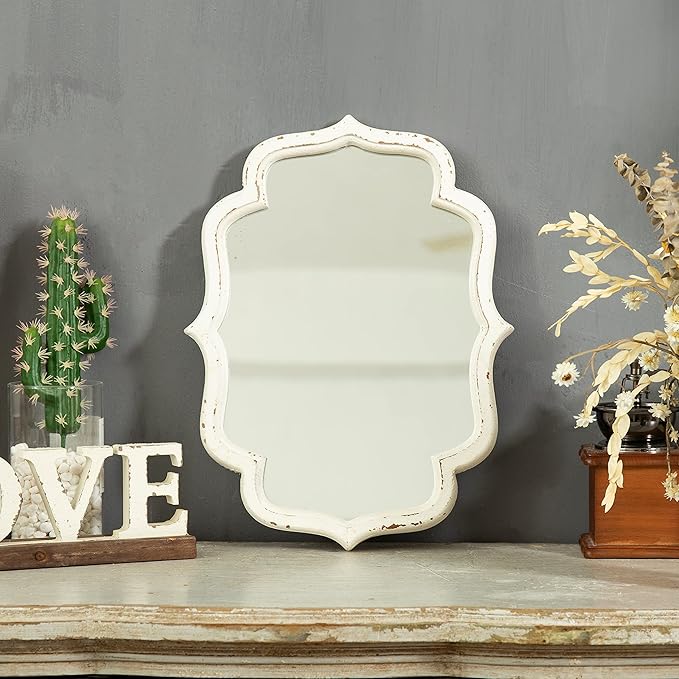 Vintage Small Scalloped Wall Mirror Decorative 16" x 12", Hanging Rustic Distressed White Bathroom Mirrors for Vanity, Farmhouse Wood Quatrefoil Wall Mounted Mirror for Living Room