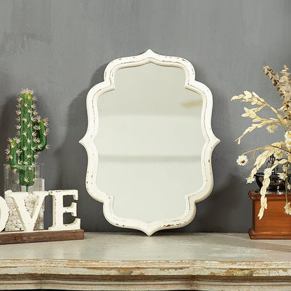 Vintage Small Scalloped Wall Mirror Decorative 16" x 12", Hanging Rustic Distressed White Bathroom Mirrors for Vanity, Farmhouse Wood Quatrefoil Wall Mounted Mirror for Living Room