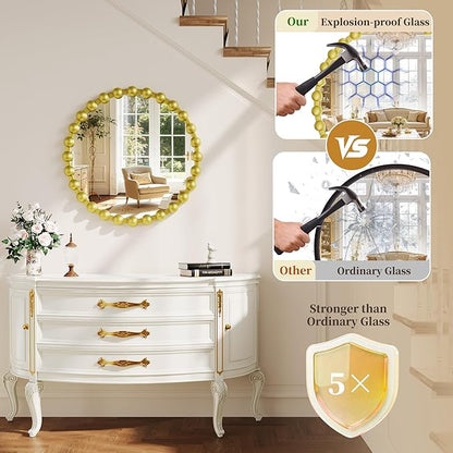Round Mirror for Wall, 28 Inch Gold Round Vanity Mirror with Beaded Frame, Modern Decorative Wall Mirror for Bathroom, Entryway, Bedroom, Living Room, Gold