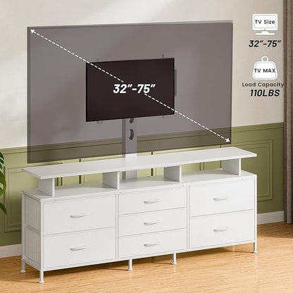 REAHOME TV Stand with Mount, 63" Entertainment Center for 32/45/55/60/65/70 inch TVs, Media Console Table with 7 Drawers, Height Adjustable Mount, Dresser TV Stand for Living Room, White