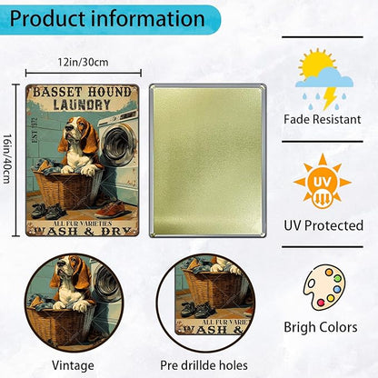 Retro Metal Poster Basset Hound Laundry Wash And Dry Metal Tin Signs Vintage Plaque Wall Decor Gift for Office Club Bar Home Kitchen 16x12 Inch