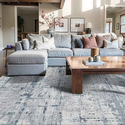 Rugxara 4x6 Rug for Living Room Bedroom, Grey Washable Throw Rugs, Abstract Area Rugs, Non Slip & Low Pile Accent Carpet for Indoor Dining Room, Kids Room and Office(Blue Grey)