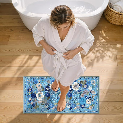 2x4 Entryway Runner Rugs, Non Slip Washable Rugs with Rubber Backing Soft Floral Carpet Runner for Kitchen, Laundry, Bedroom, Bathroom, Blue Garden, 2 x 4