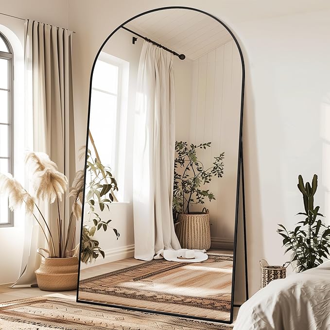 Antok Oversized Full Length Mirror with Stand, 91"x46" Arched Floor Mirror, Aluminum Frame, Wall Mounted/Leaning/Free Standing, Large Body Mirror for Bedroom Living Room Entryway Dressing Room,Black
